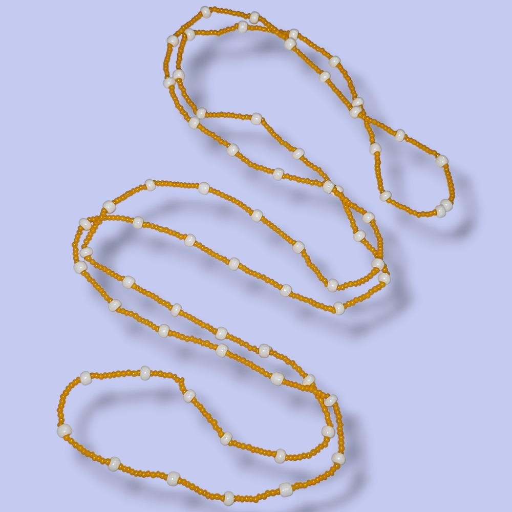 Yellow & White Seed Bead Necklace Single Strand Extra Long 52"
